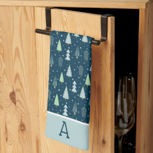 Moderne kerstbomen Monogram Blue Green Theedoek