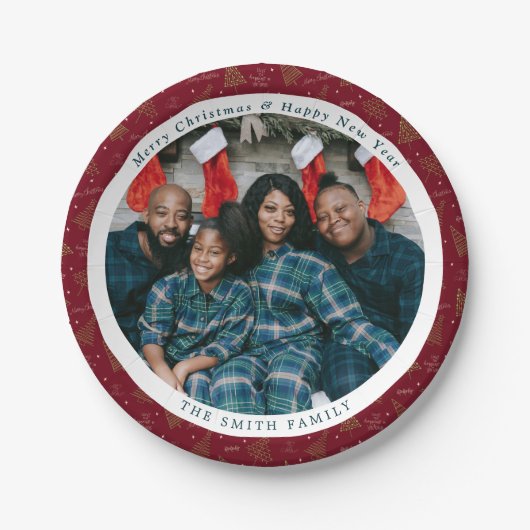 Moderne kerstbomen Nieuwjaar Foto's en groeten Papieren Bordje (Voorkant)