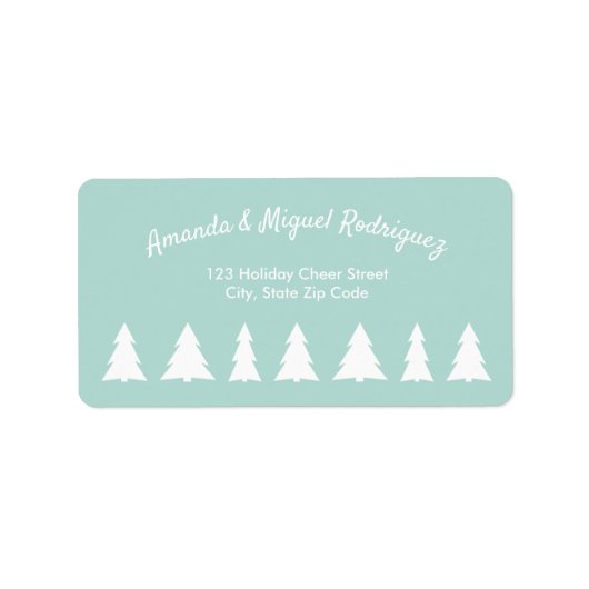 Moderne kerstbomen op Mint Green White Script Etiket (Voorkant)