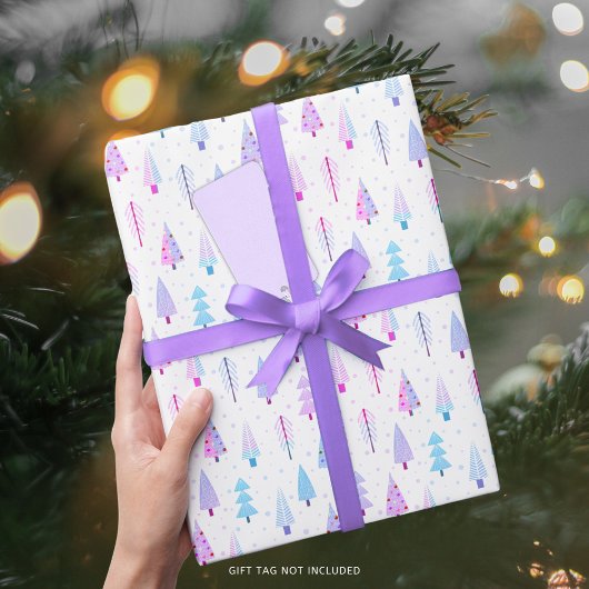 Moderne kerstbomen Paars roze blauw patroon Cadeaupapier