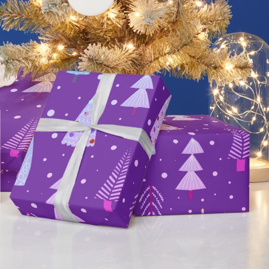 Moderne kerstbomen Paars roze blauw patroon Cadeaupapier (Feestdagen)