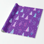 Moderne kerstbomen Paars roze blauw patroon Cadeaupapier (Uitgerold)