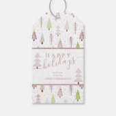 Moderne kerstbomen PRETTIGE FEESTDAGEN roze script Cadeaulabel (Voorkant)