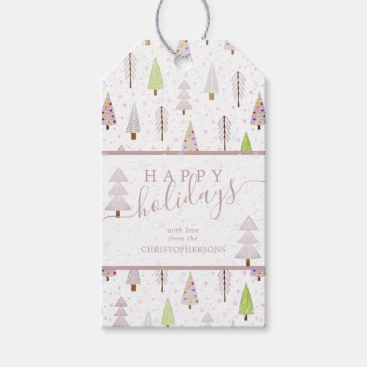 Moderne kerstbomen PRETTIGE FEESTDAGEN roze script Cadeaulabel (Voorkant)