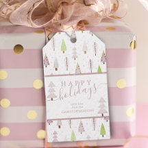 Moderne kerstbomen PRETTIGE FEESTDAGEN roze script