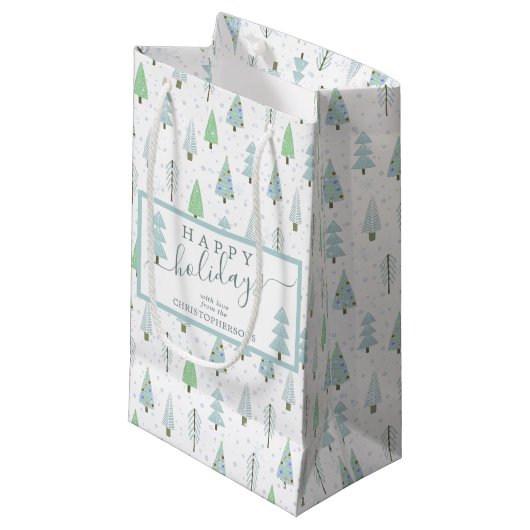 Moderne kerstbomen PRETTIGE FEESTDAGEN Script Blue Klein Cadeauzakje (Voorkant Gekanteld)