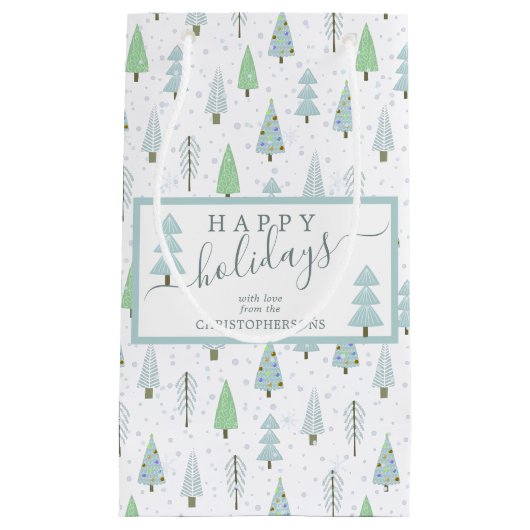 Moderne kerstbomen PRETTIGE FEESTDAGEN Script Blue Klein Cadeauzakje (Voorkant)