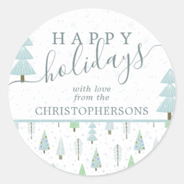 Moderne kerstbomen PRETTIGE FEESTDAGEN Script Blue Ronde Sticker