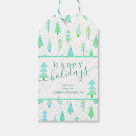 Moderne kerstbomen PRETTIGE FEESTDAGEN script Cadeaulabel