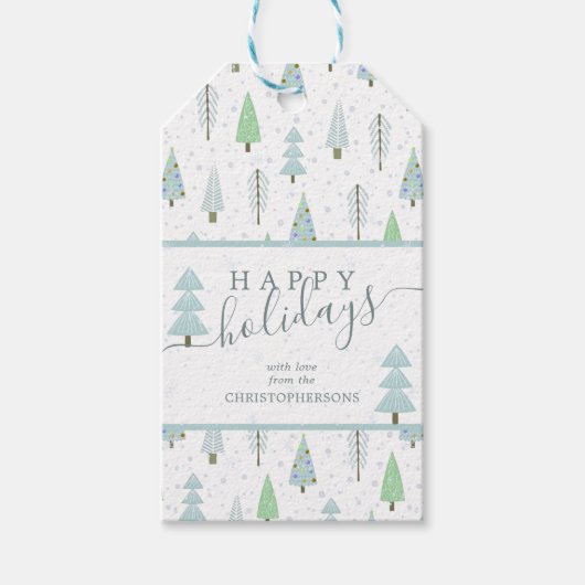Moderne kerstbomen PRETTIGE FEESTDAGEN script Cadeaulabel (Voorkant)