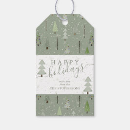 Moderne kerstbomen PRETTIGE FEESTDAGEN script Cadeaulabel