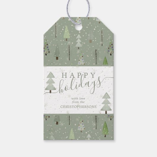 Moderne kerstbomen PRETTIGE FEESTDAGEN script Cadeaulabel (Voorkant)