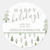 Moderne kerstbomen PRETTIGE FEESTDAGEN Script Gree Ronde Sticker (Voorkant)