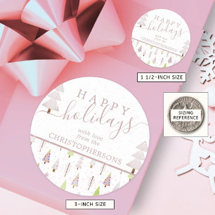 Moderne kerstbomen PRETTIGE FEESTDAGEN Script roze Ronde Sticker