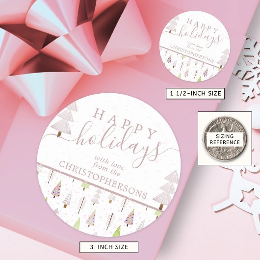 Moderne kerstbomen PRETTIGE FEESTDAGEN Script roze Ronde Sticker