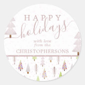 Moderne kerstbomen PRETTIGE FEESTDAGEN Script roze Ronde Sticker (Voorkant)