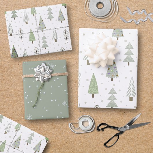 Moderne Kerstbomen Sage Green Olive Pattern Inpakpapier Vel