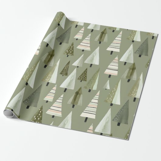 Moderne Kerstbomen Sage Groen Patroon Cadeaupapier (Uitgerold)