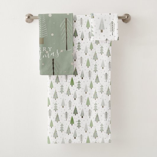 Moderne kerstbomen Sage Olive Green Pattern Bad Handdoek (Insitu)