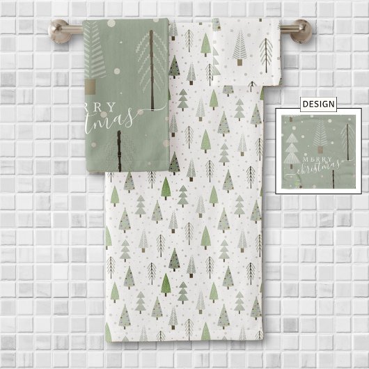 Moderne kerstbomen Sage Olive Green Pattern Bad Handdoek