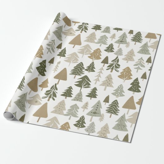 Moderne kerstbomen Sage Olive Green Pattern Cadeaupapier (Uitgerold)