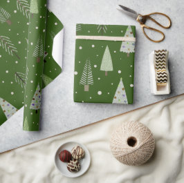 Moderne kerstbomen Sage Olive Green Pattern Cadeaupapier