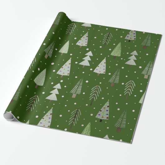Moderne kerstbomen Sage Olive Green Pattern Cadeaupapier (Uitgerold)