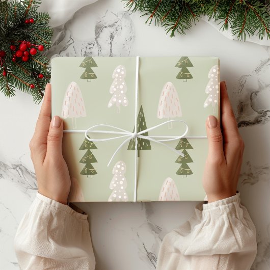 Moderne kerstbomen Sage Olive Green Pattern Cadeaupapier