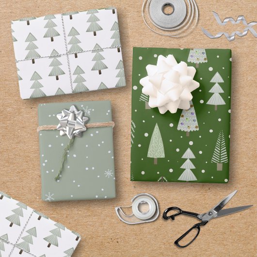 Moderne kerstbomen Sage Olive Green Pattern Inpakpapier Vel