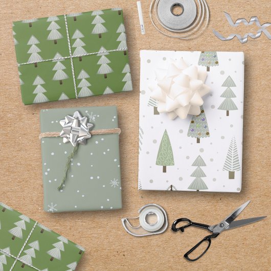 Moderne kerstbomen Sage Olive Green Pattern Inpakpapier Vel