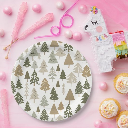Moderne kerstbomen Sage Olive Green Pattern Papieren Bordje (Feest)