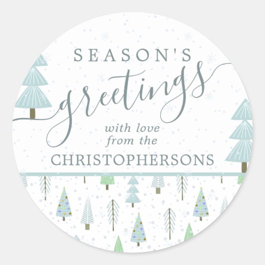 Moderne kerstbomen SEIZOENEN GROETJES Blauw Ronde Sticker (Voorkant)