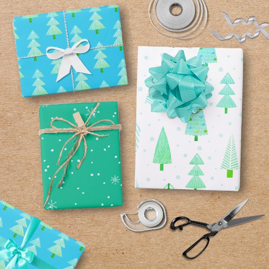 Moderne kerstbomen Turquoise Blue Pattern Trio Inpakpapier Vel