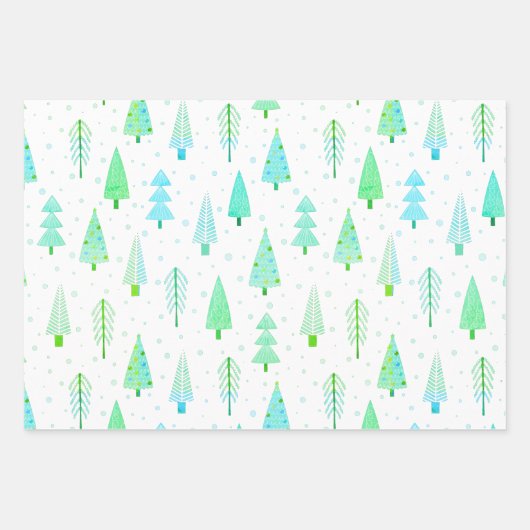 Moderne kerstbomen Turquoise Blue Pattern Trio Inpakpapier Vel (Voorkant)