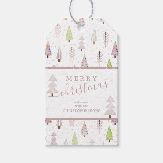 Moderne kerstbomen VROLIJK KERST Roze Script Cadeaulabel (Voorkant)