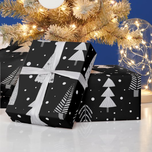 Moderne kerstbomen - zwart grijs patroon cadeaupapier (Feestdagen)
