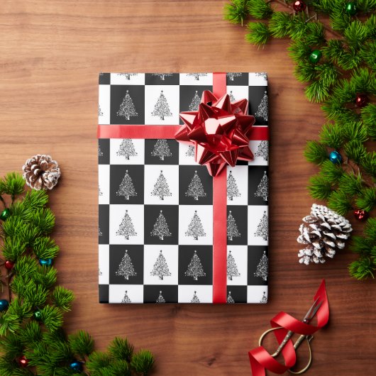 Moderne Kerstbomen Zwart & Wit Patroon Cadeaupapier (Feestdagen Geschenken)