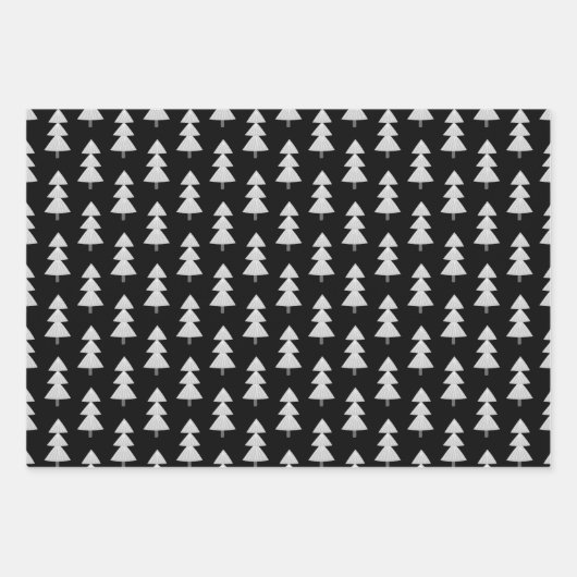 Moderne Kerstbomen Zwart Zilver Grijs Patroon Inpakpapier Vel (Voorkant 3)