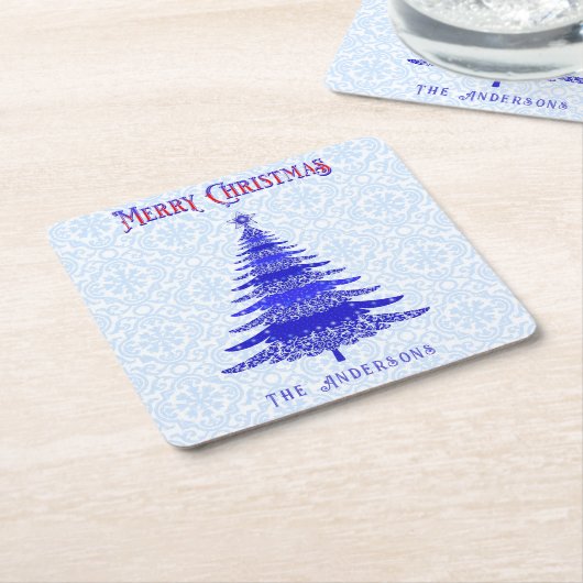 Moderne kerstboom - Aangepaste blauwe sneeuwvlokke Kartonnen Onderzetters (Schuin)