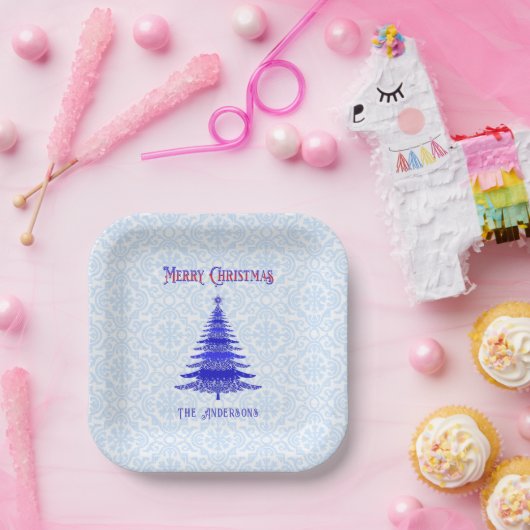 Moderne kerstboom - Aangepaste blauwe sneeuwvlokke Papieren Bordje (Feest)