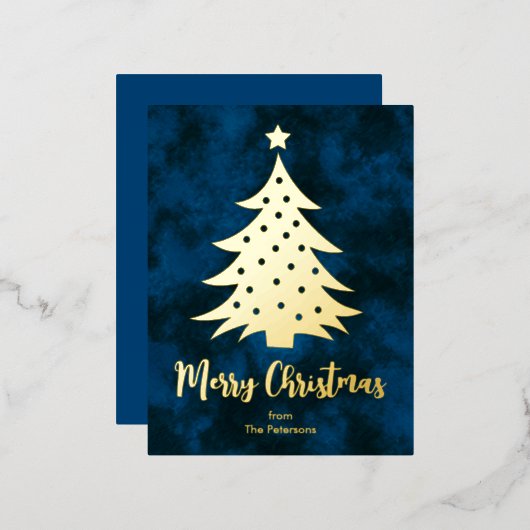 Moderne kerstboom - Aangepaste naam Blauw goud Folie Feestdagen Briefkaart (Voorkant / Achterkant)