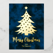 Moderne kerstboom - Aangepaste naam Blauw goud Folie Feestdagen Briefkaart (Voorkant)