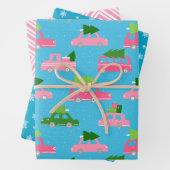 Moderne Kerstboom & Auto in Blauw Roze Strepen Inpakpapier Vel (In situ)