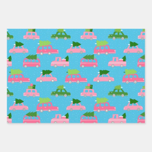 Moderne Kerstboom & Auto in Blauw Roze Strepen Inpakpapier Vel (Voorkant)