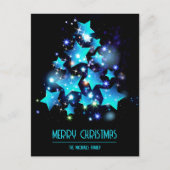Moderne Kerstboom Blauwe Sterren Lichten op Zwart Feestdagenkaart (Voorkant)