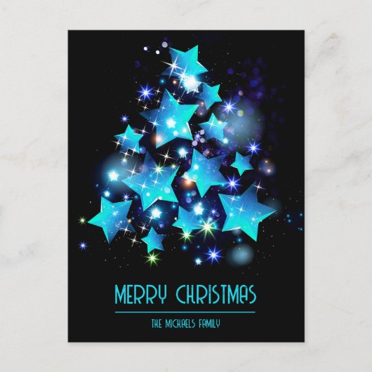 Moderne Kerstboom Blauwe Sterren Lichten op Zwart Feestdagenkaart (Voorkant)