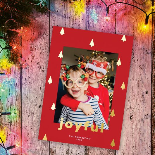 Moderne kerstboom één foto rood + goud folie feestdagenkaart