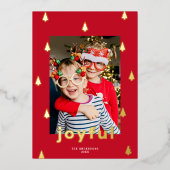 Moderne kerstboom één foto rood + goud folie feestdagenkaart (Voorkant)