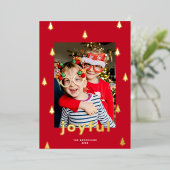 Moderne kerstboom één foto rood + goud folie feestdagenkaart (Staand Voorkant)