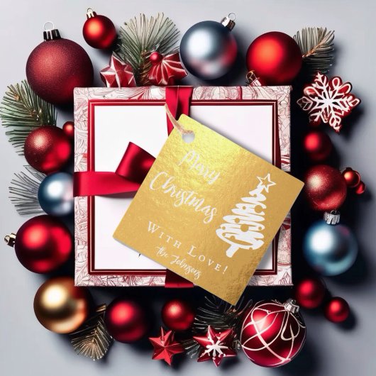 Moderne kerstboom en kalligrafische berichten bedankjes labels